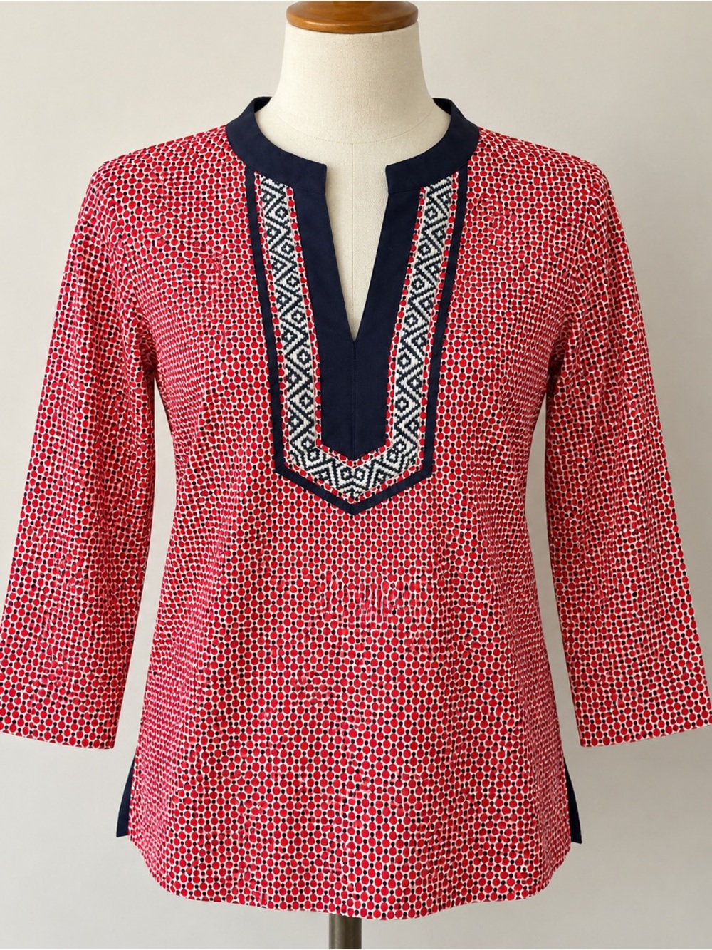 Talbots Petites M Red Navy Cotton Split Tunic Top Embroidered Geometric